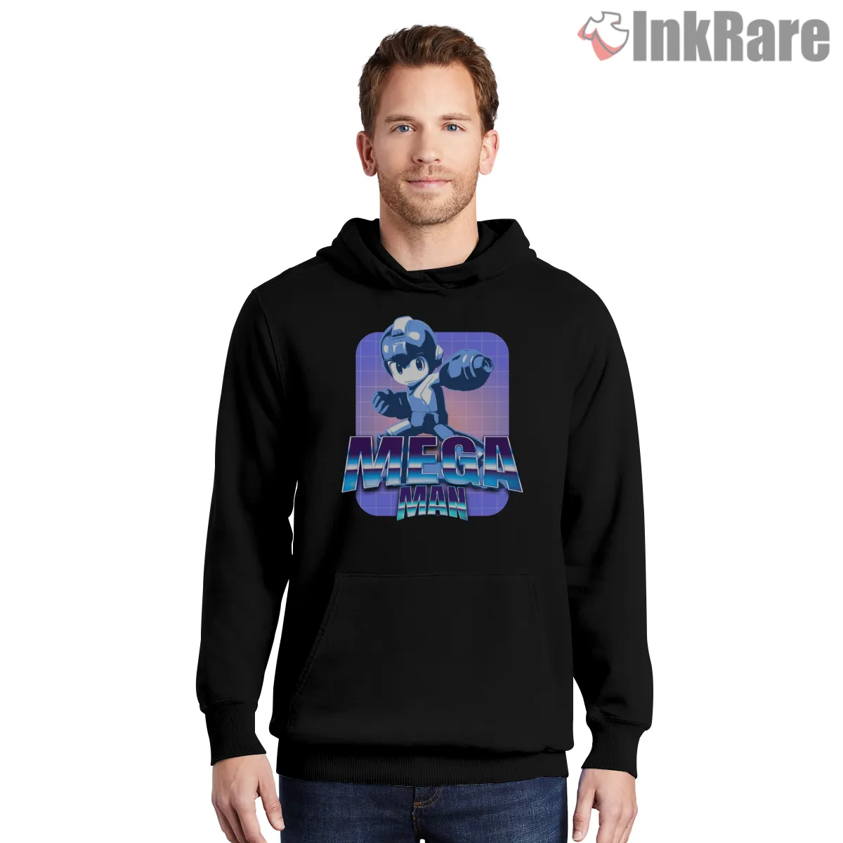 Mega Man Retrowave Neon Grid Hero Hoodie Black Mega Man Retrowave Neon Grid Hero Shirt on black hoodie for men graphic tee