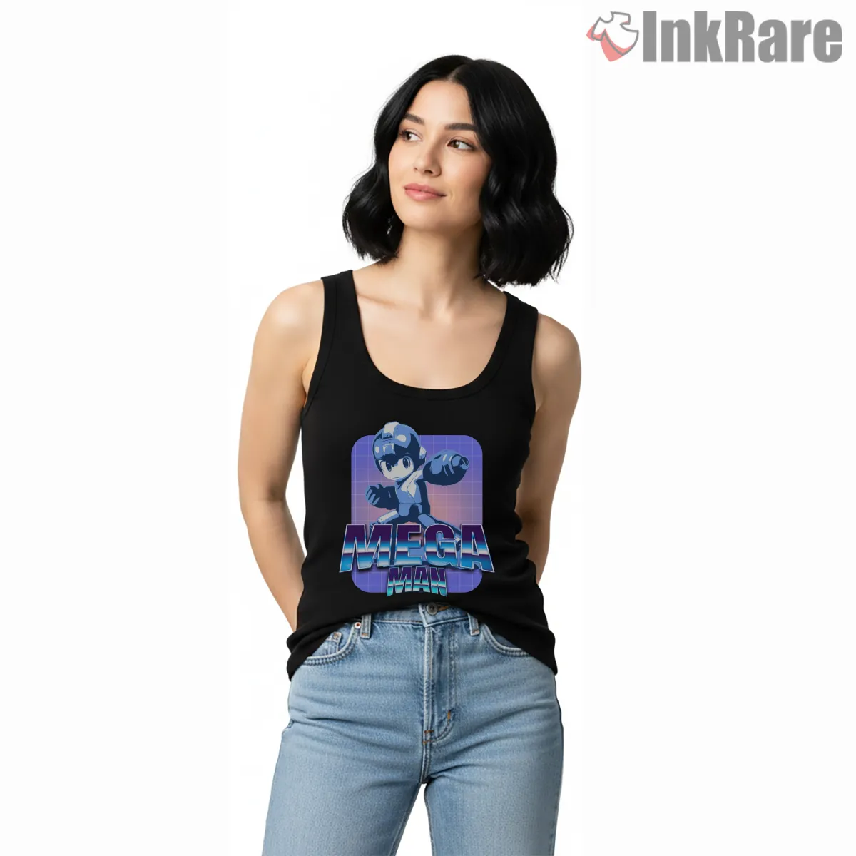 Mega Man Retrowave Neon Grid Hero Tank Top Black Mega Man Retrowave Neon Grid Hero Shirt on black tank top for women graphic tee