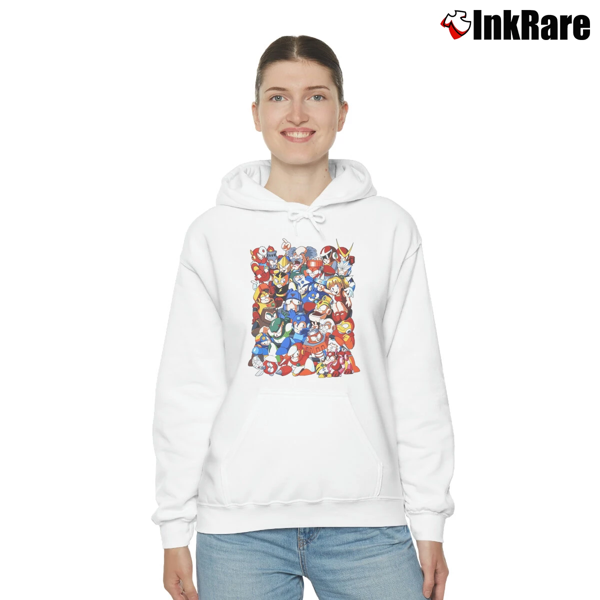 Women’s Mega Man Robot Masters Cozy Hoodie in white | Warm, Structured, Stylish