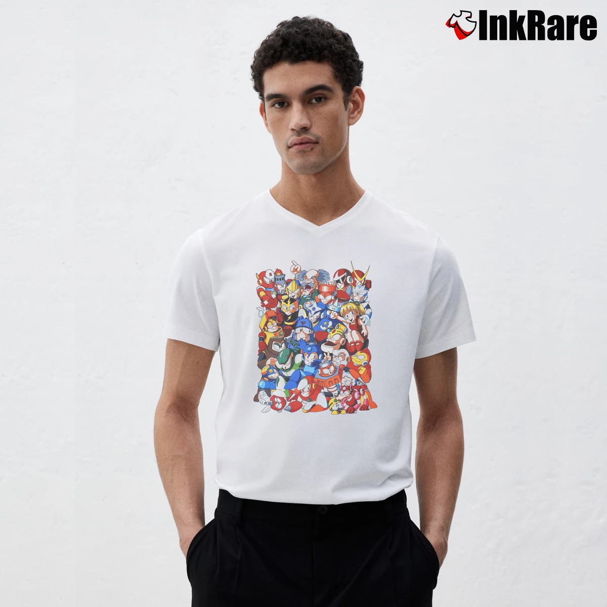 Men’s Mega Man Robot Masters V-Neck Tee in white | Sharp, Breathable, Everyday Staple