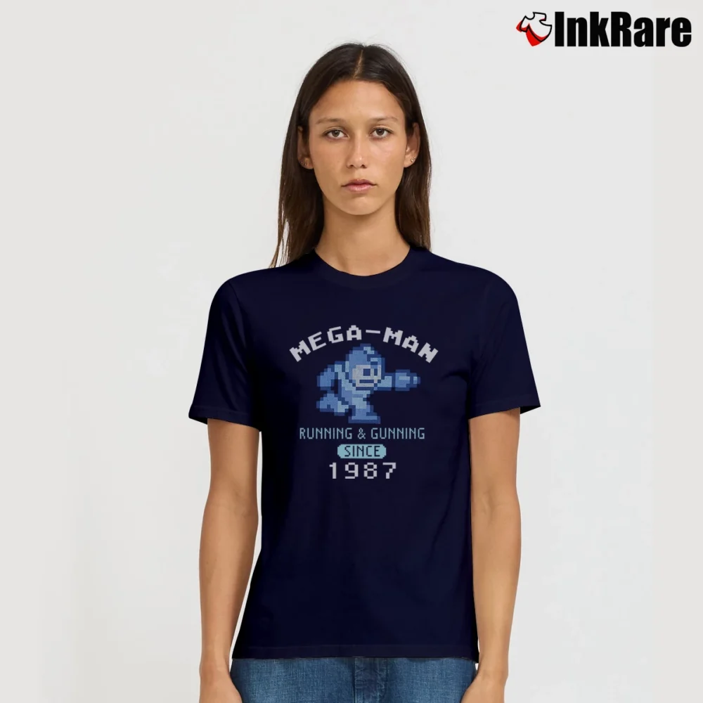 Women’s Mega Man Running And Gunning Since 1987 Signature T-Shirt in navy | Soft, Flattering Fit