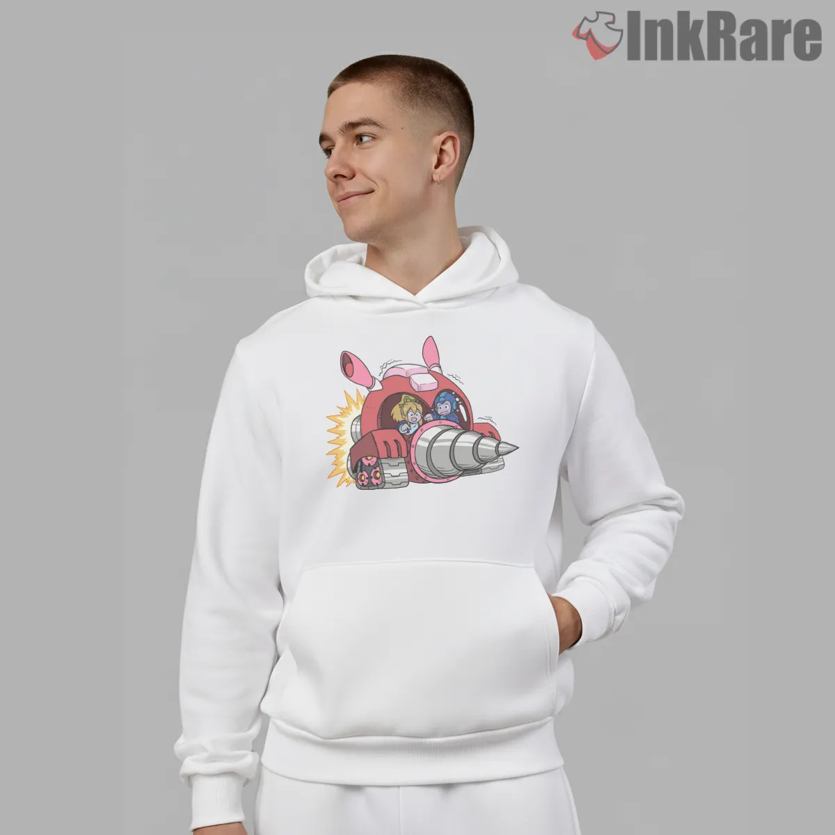 Mega Man Rush Drill Vehicle Action Companion Shirt on white hoodie for men graphic tee