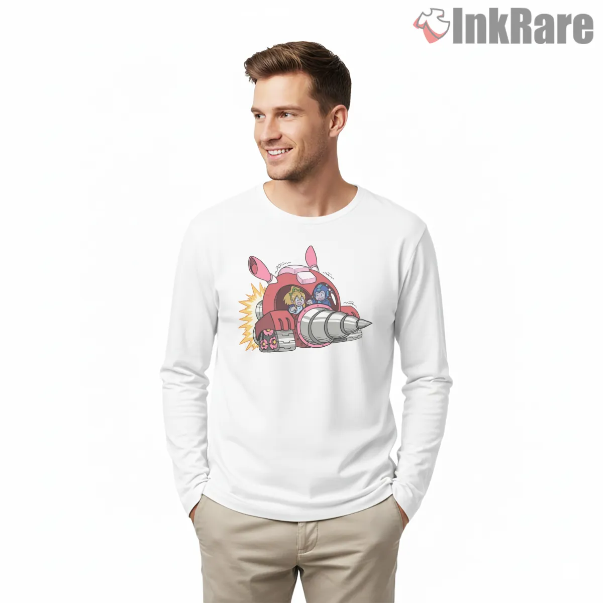 Mega Man Rush Drill Vehicle Action Companion Long Sleeve White Mega Man Rush Drill Vehicle Action Companion Shirt on white long sleeve shirt for men graphic tee