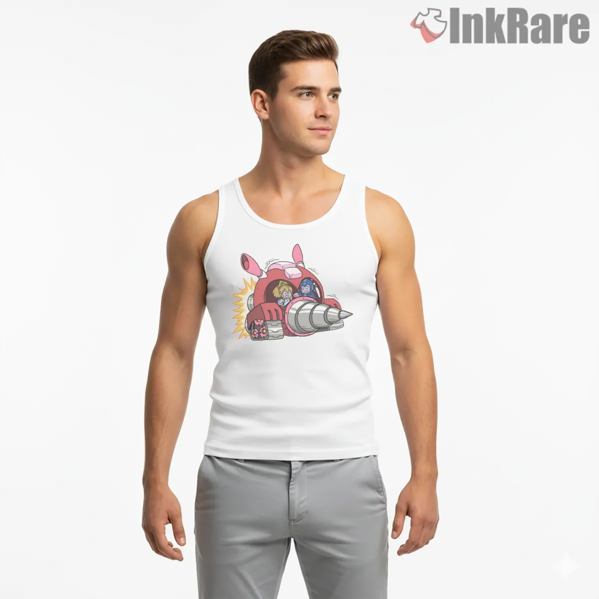 Mega Man Rush Drill Vehicle Action Companion Tank Top White Mega Man Rush Drill Vehicle Action Companion Shirt on white tank top for men graphic tee