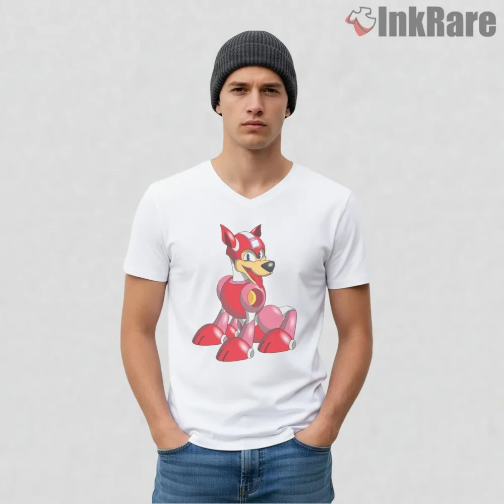 Mega Man Rush Robot Dog Classic Companion Shirt on white v-neck shirt for men graphic tee