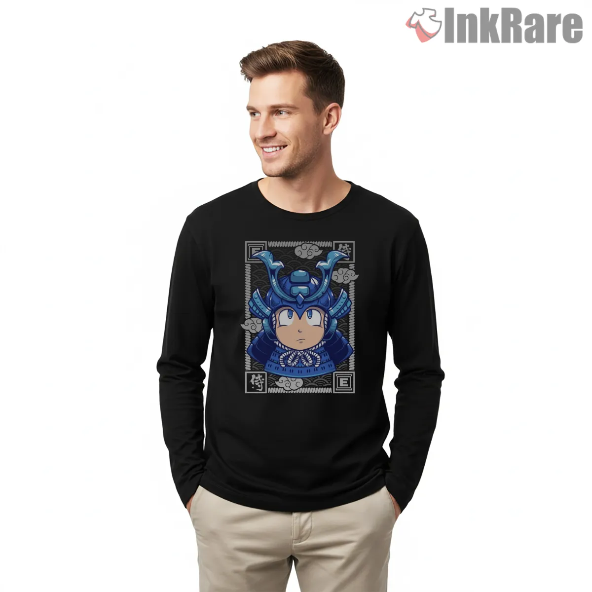 Mega Man Samurai Armor Japanese Ukiyo Style Shirt on black long sleeve shirt for men graphic tee
