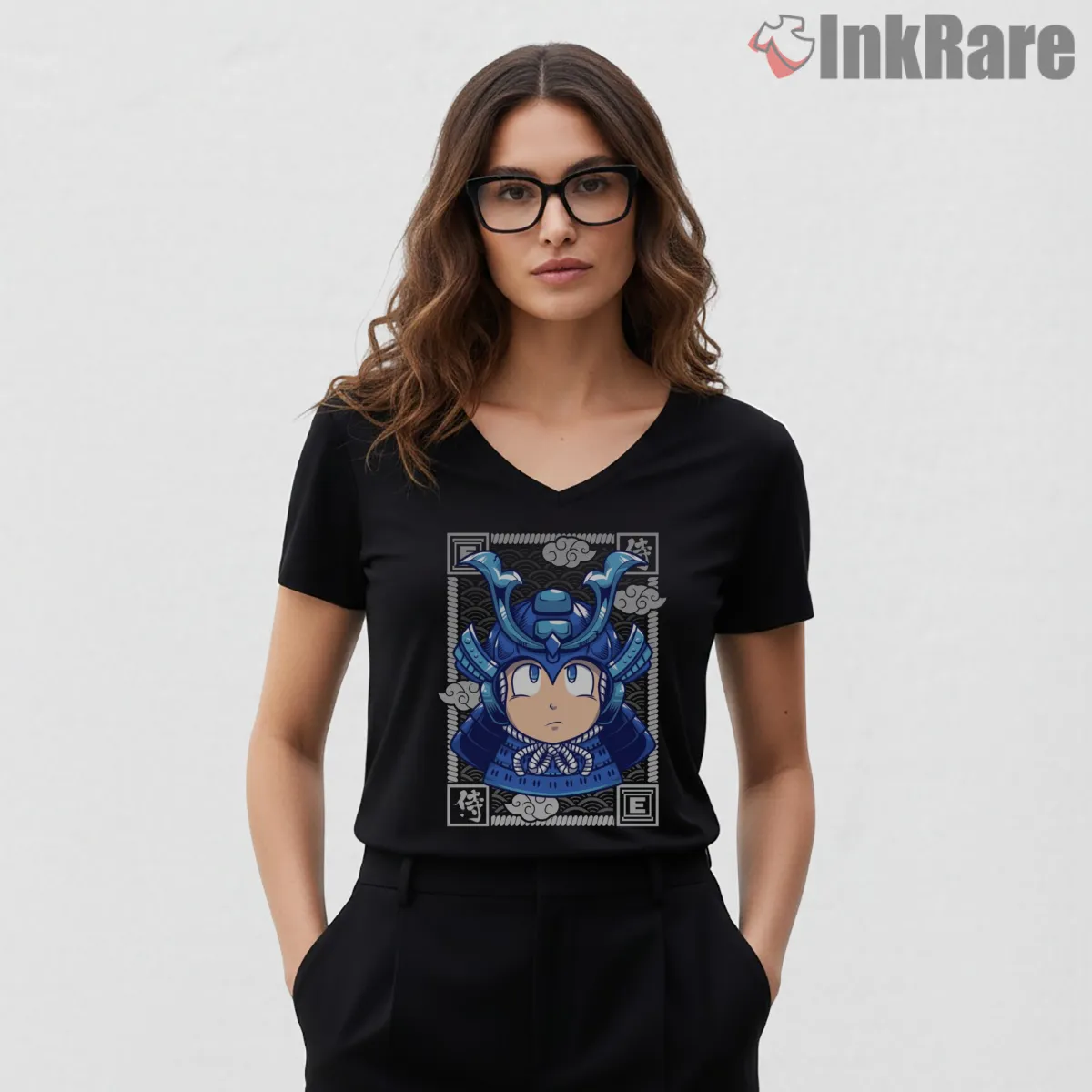 Mega Man Samurai Armor Japanese Ukiyo Style V Neck Black Mega Man Samurai Armor Japanese Ukiyo Style Shirt on black v-neck shirt for women graphic tee