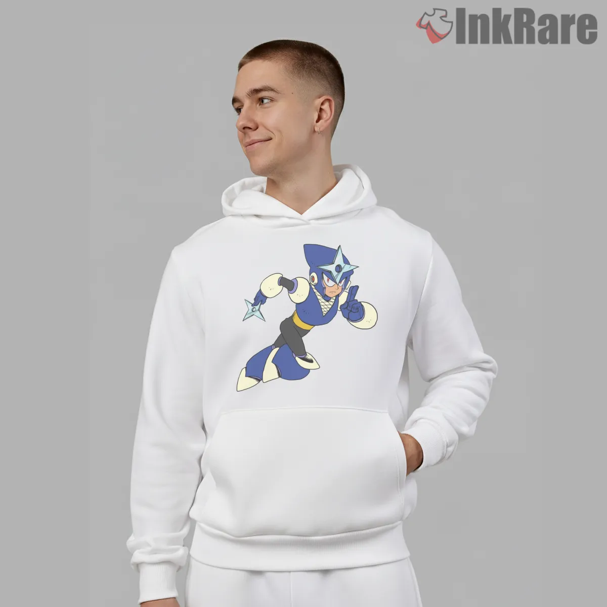 Mega Man Shadow Man Ninja Stealth Warrior Shirt on white hoodie for men graphic tee