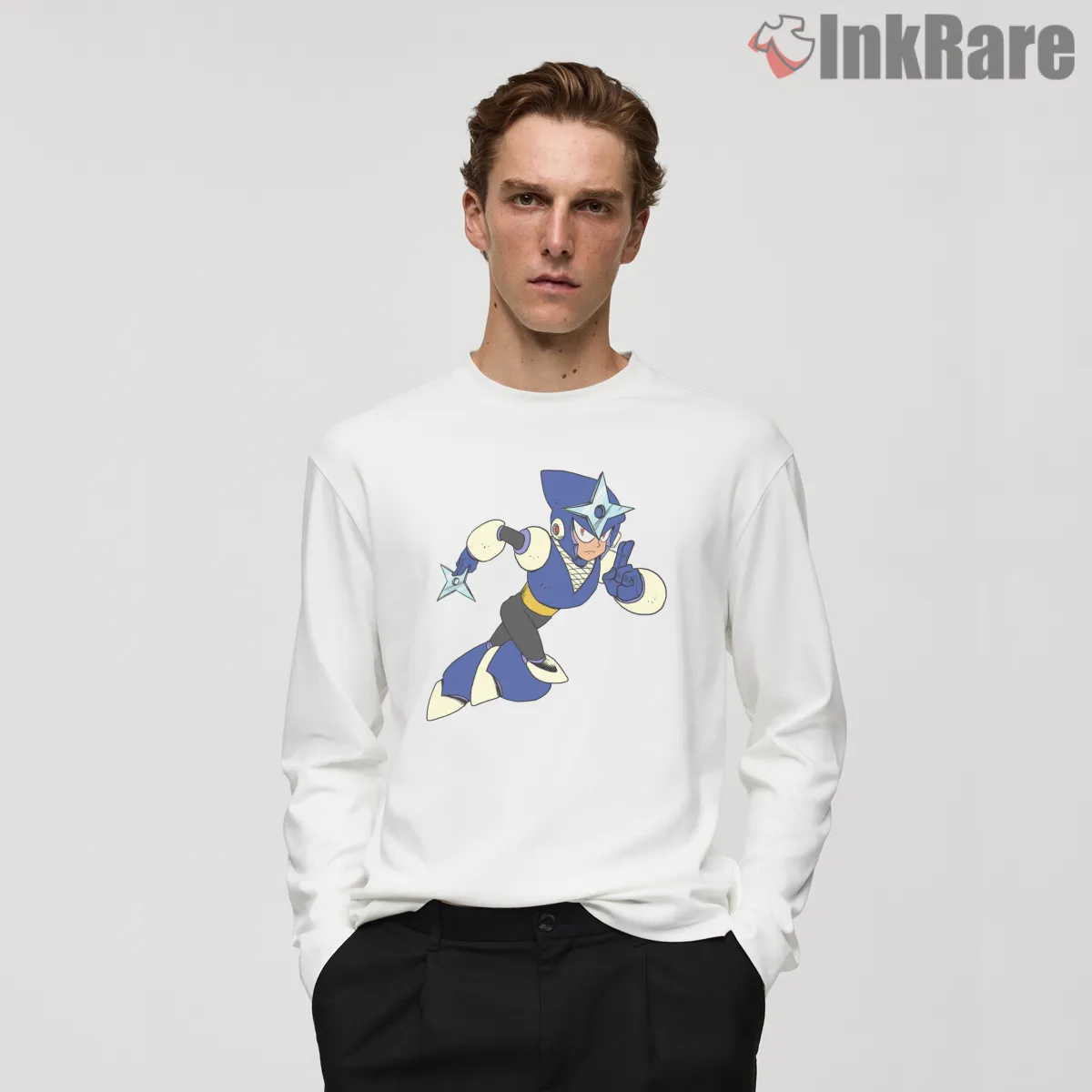 Mega Man Shadow Man Ninja Stealth Warrior Long Sleeve White Mega Man Shadow Man Ninja Stealth Warrior Shirt on white long sleeve shirt for men graphic tee