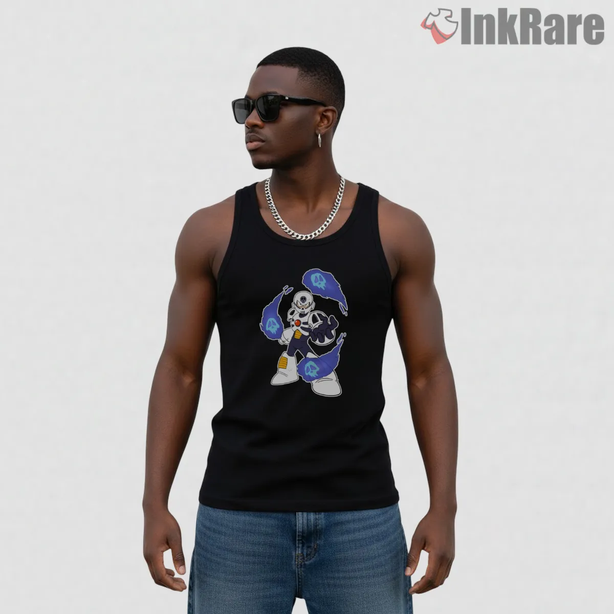 Mega Man Skull Man Dark Phantom Energy Shirt on black tank top for men graphic tee