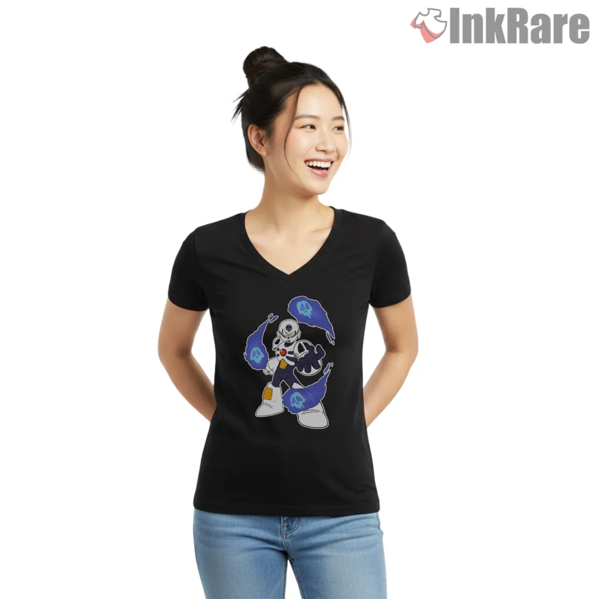 Mega Man Skull Man Dark Phantom Energy V Neck Black Mega Man Skull Man Dark Phantom Energy Shirt on black v-neck shirt for women graphic tee