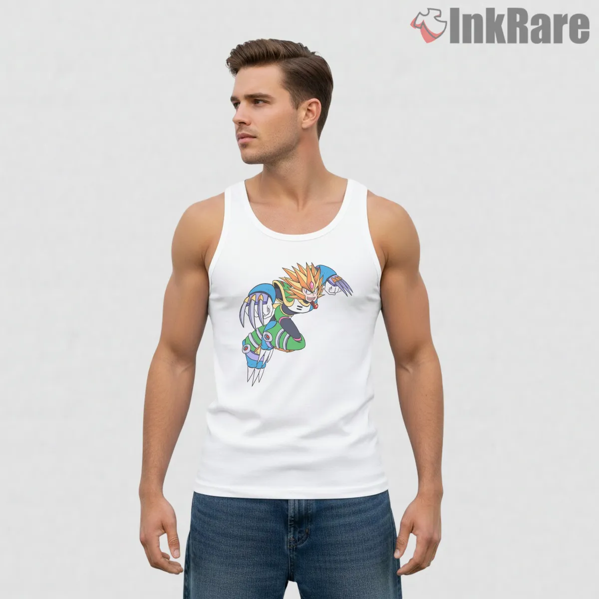 Mega Man Slash Man Wild Claw Beast Action Shirt on white tank top for men graphic tee