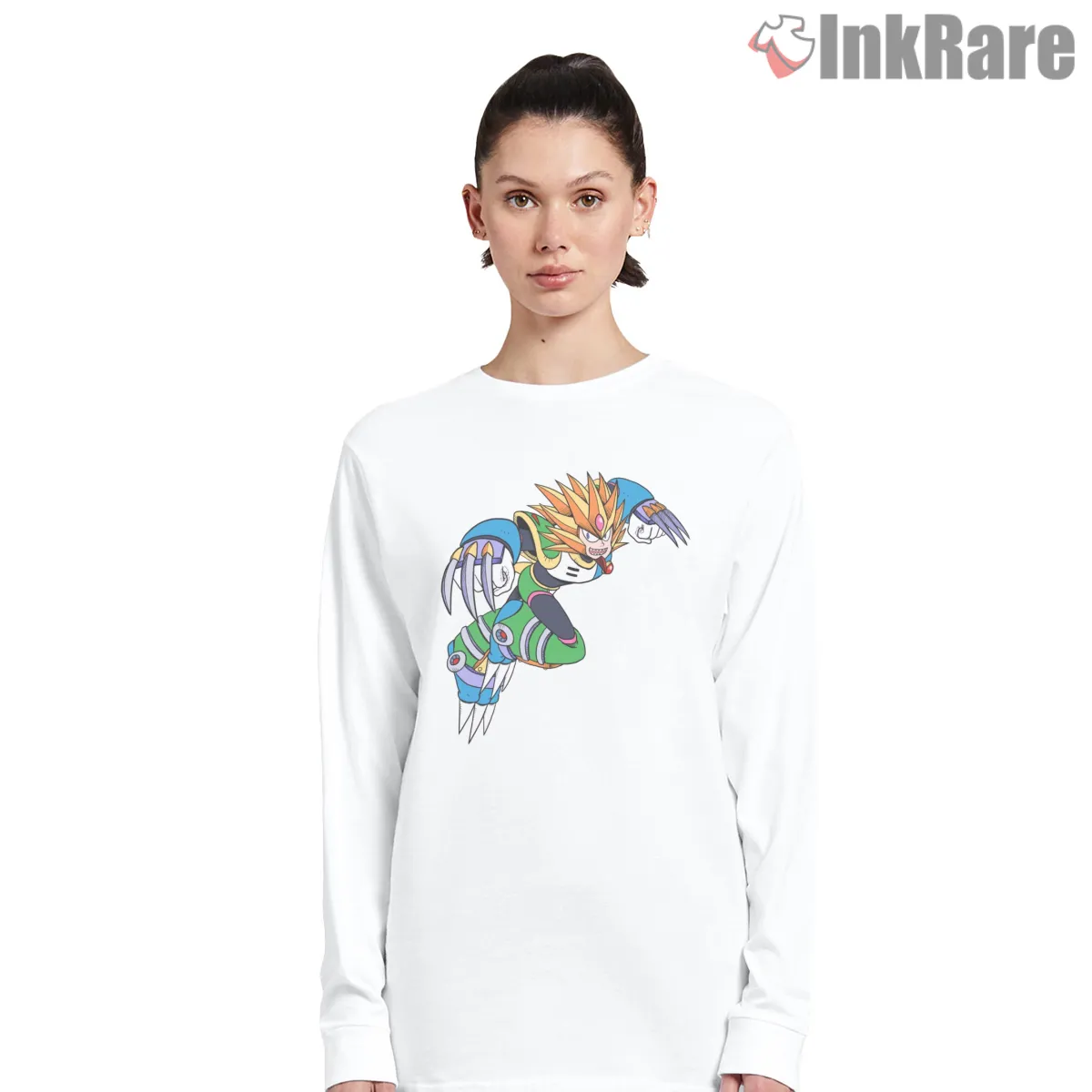 Mega Man Slash Man Wild Claw Beast Action Long Sleeve White Mega Man Slash Man Wild Claw Beast Action Shirt on white long sleeve shirt for women graphic tee