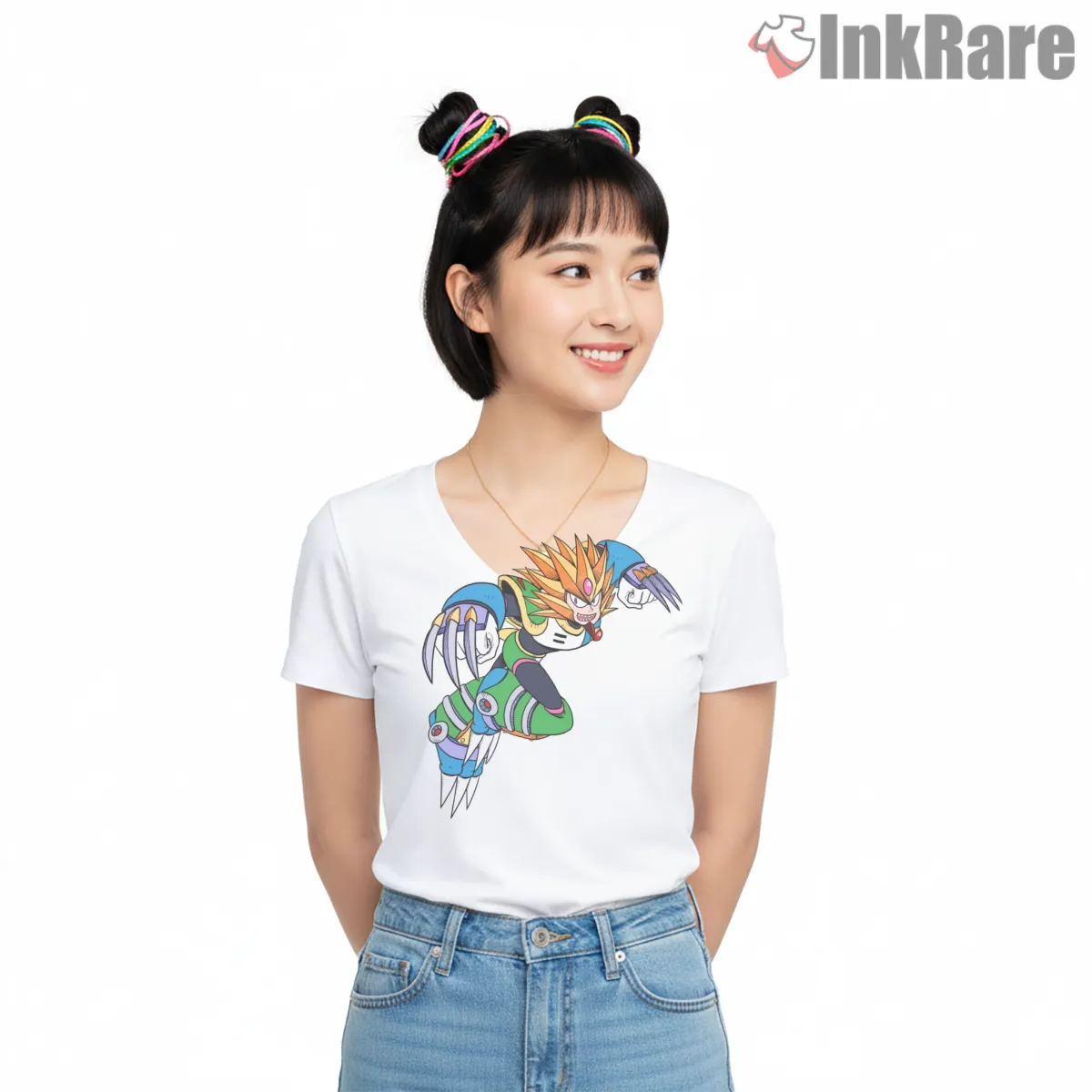 Mega Man Slash Man Wild Claw Beast Action V Neck White Mega Man Slash Man Wild Claw Beast Action Shirt on white v-neck shirt for women graphic tee