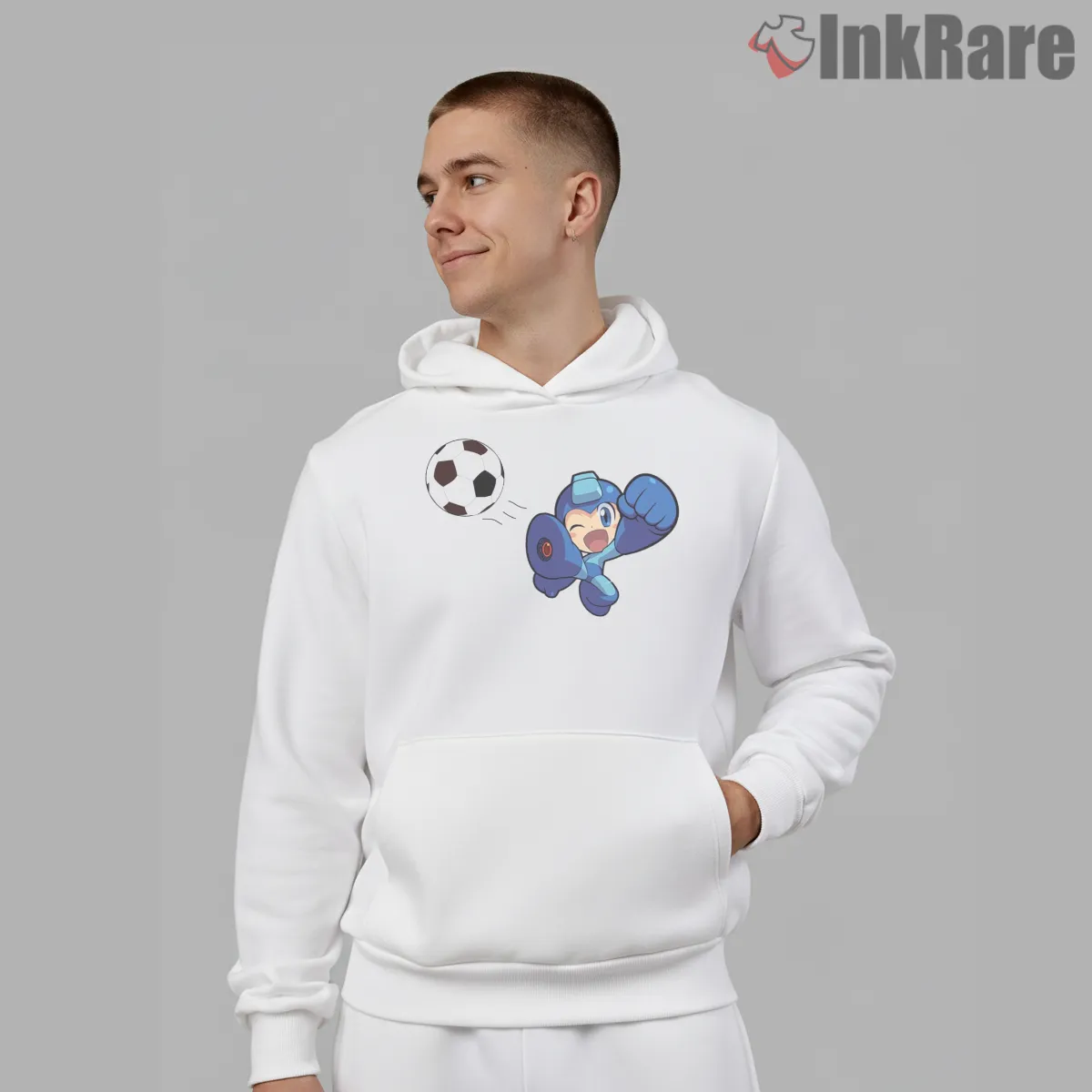 Mega Man Soccer Time Funny Sports Action Shirt on white hoodie for men graphic tee