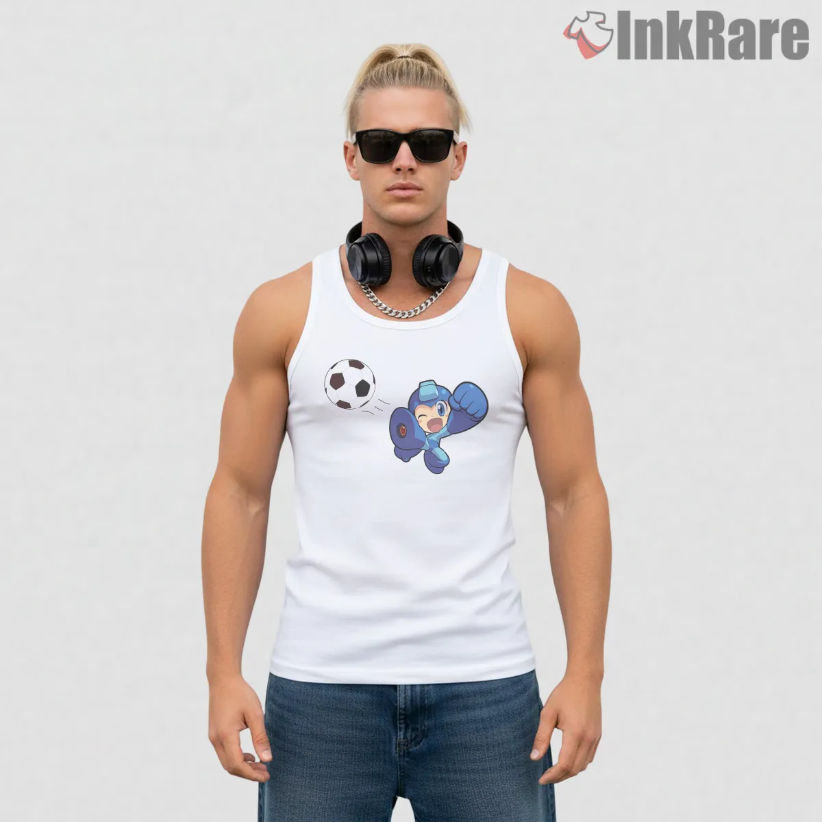 Mega Man Soccer Time Funny Sports Action Tank Top White Mega Man Soccer Time Funny Sports Action Shirt on white tank top for men graphic tee