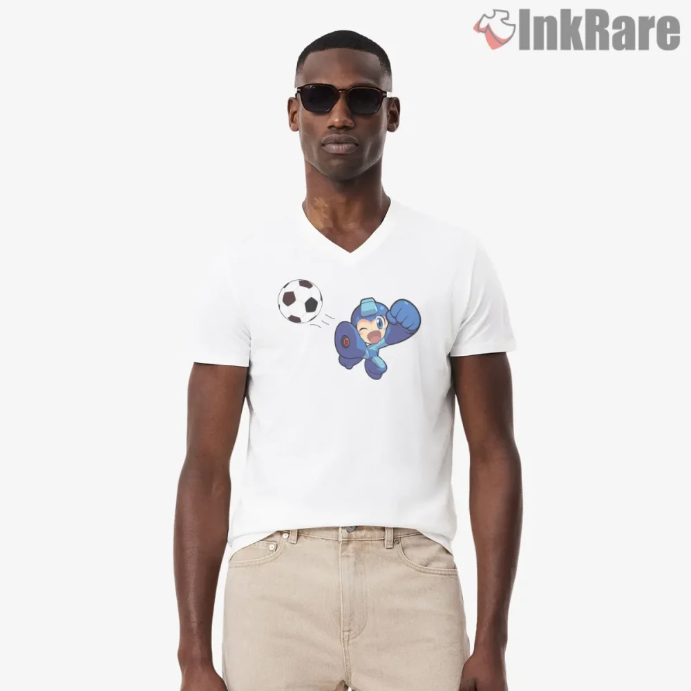 Mega Man Soccer Time Funny Sports Action Shirt on white v-neck shirt for men graphic tee