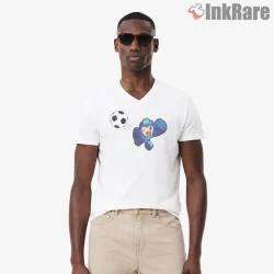 Mega Man Soccer Time Funny Sports Action Shirt on white v-neck shirt for men graphic tee