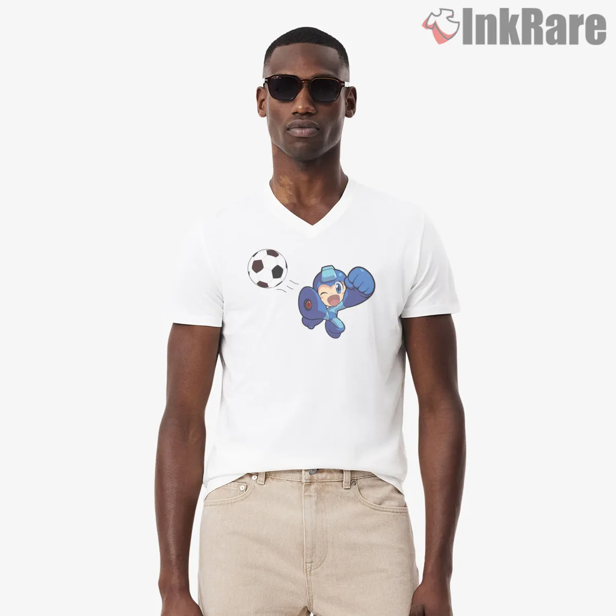 Mega Man Soccer Time Funny Sports Action V Neck White Mega Man Soccer Time Funny Sports Action Shirt on white v-neck shirt for men graphic tee