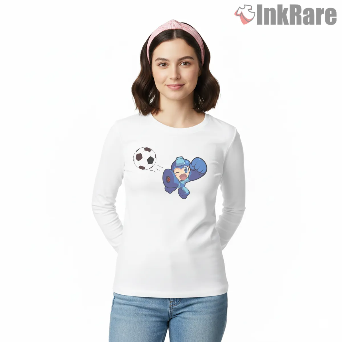 Mega Man Soccer Time Funny Sports Action Long Sleeve White Mega Man Soccer Time Funny Sports Action Shirt on white long sleeve shirt for women graphic tee