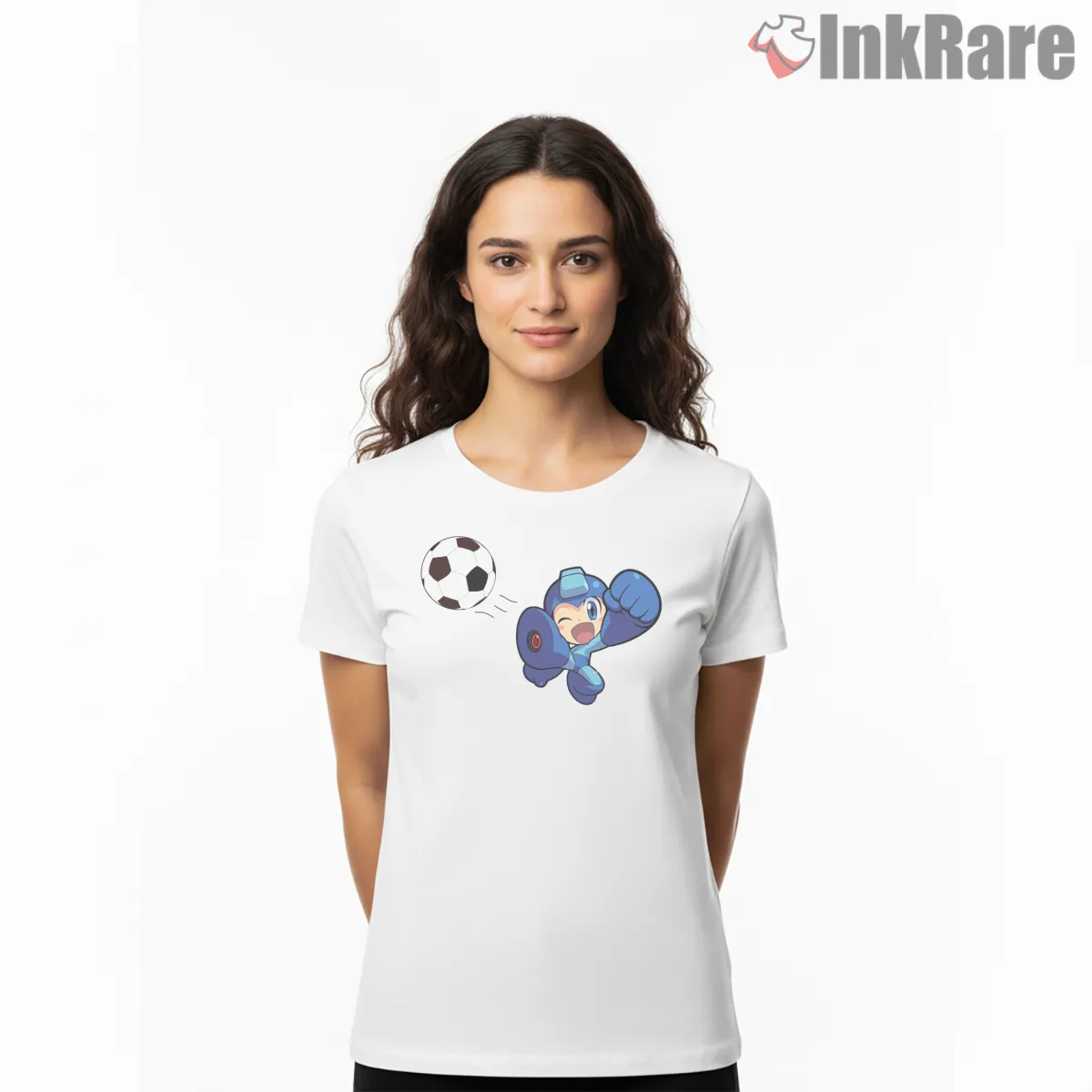 Mega Man Soccer Time Funny Sports Action Short Sleeve White Mega Man Soccer Time Funny Sports Action Shirt on white short sleeve shirt for women graphic tee
