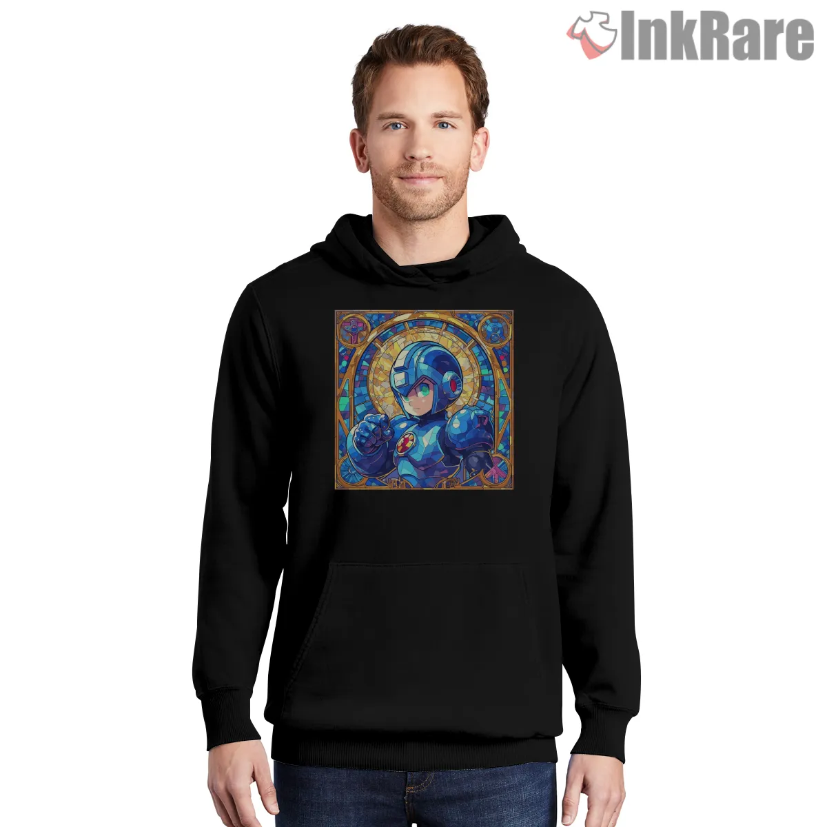 Mega Man Stained Glass Hero Art Shirt on black hoodie for men graphic tee
