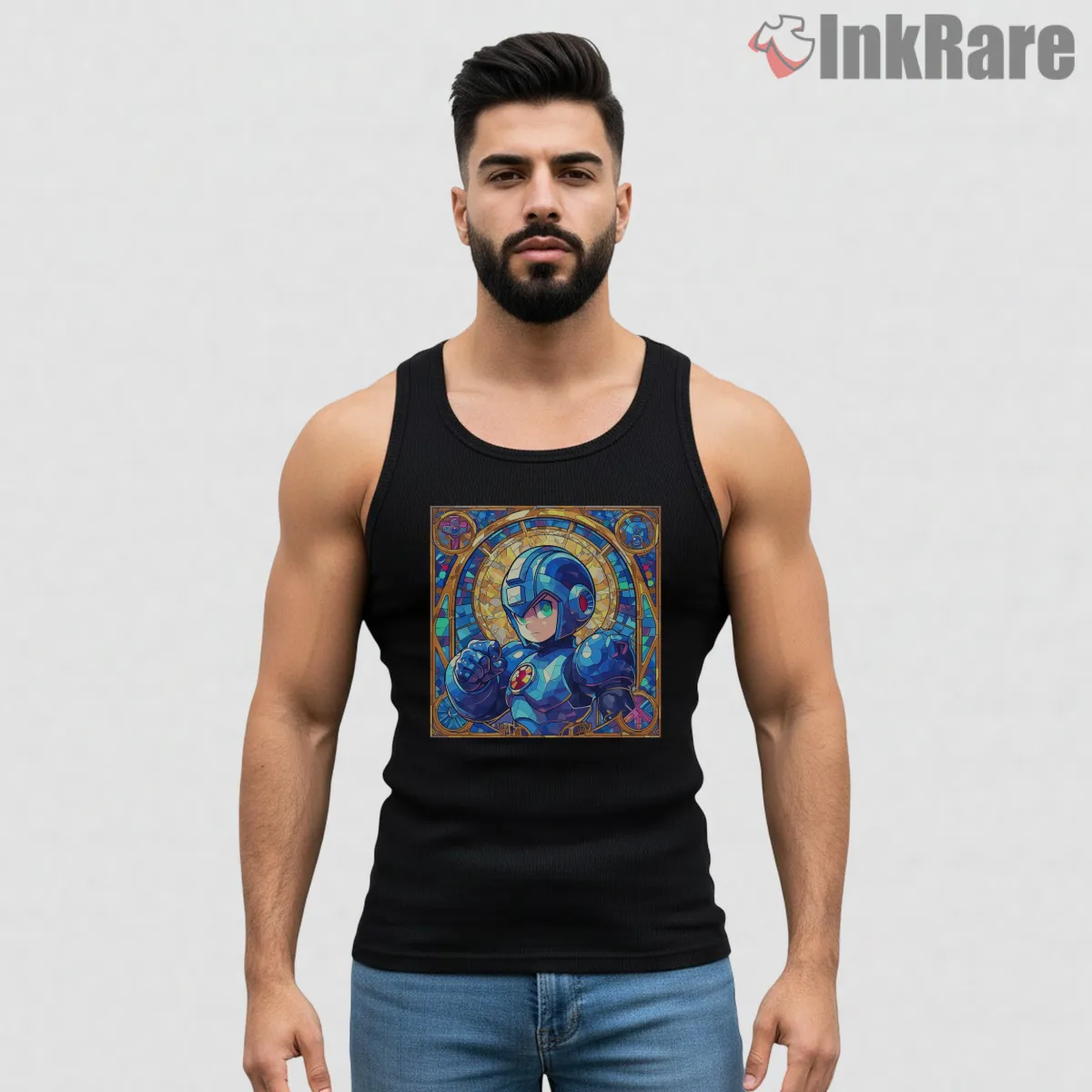 Mega Man Stained Glass Hero Art Tank Top Black Mega Man Stained Glass Hero Art Shirt on black tank top for men graphic tee