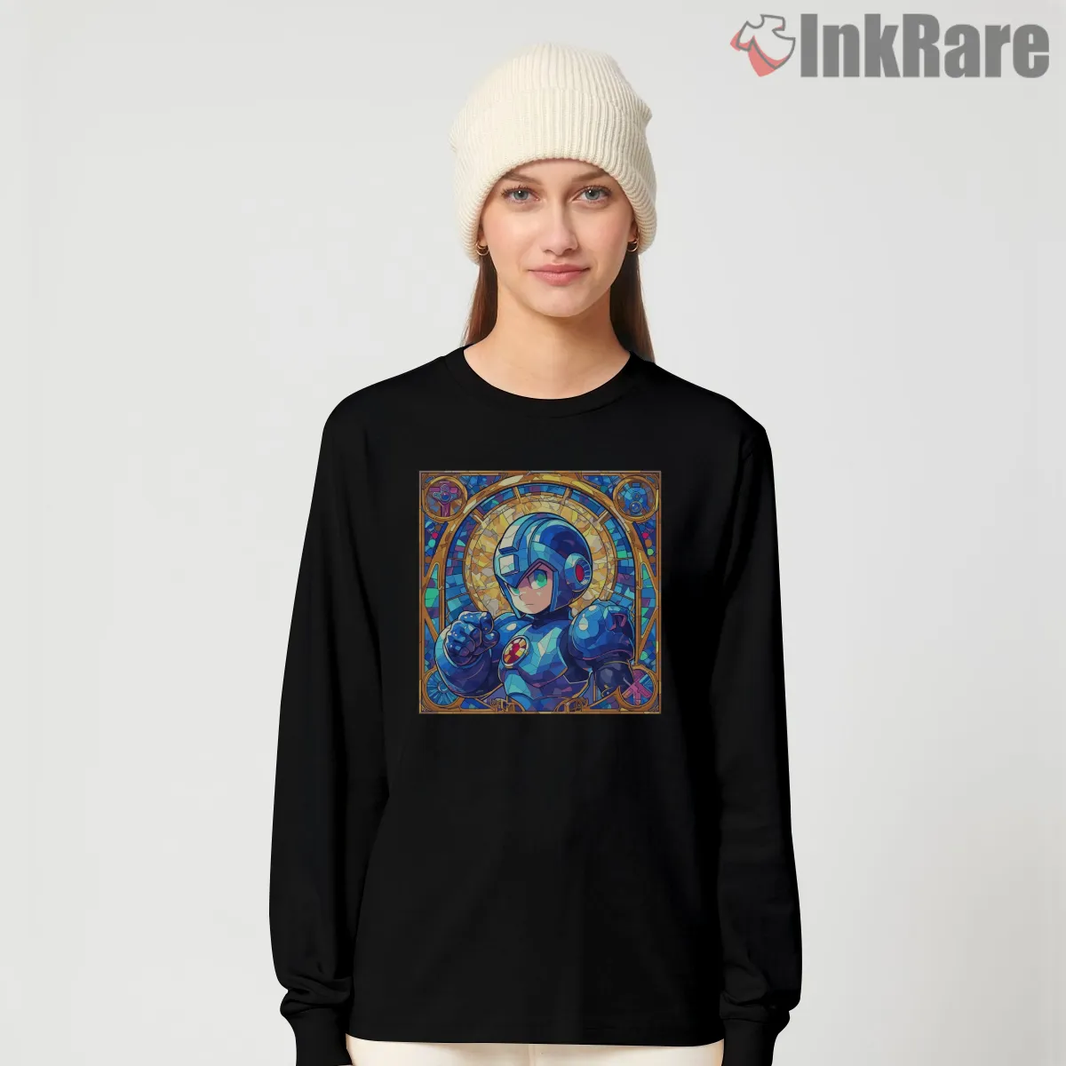 Mega Man Stained Glass Hero Art Long Sleeve Black Mega Man Stained Glass Hero Art Shirt on black long sleeve shirt for women graphic tee