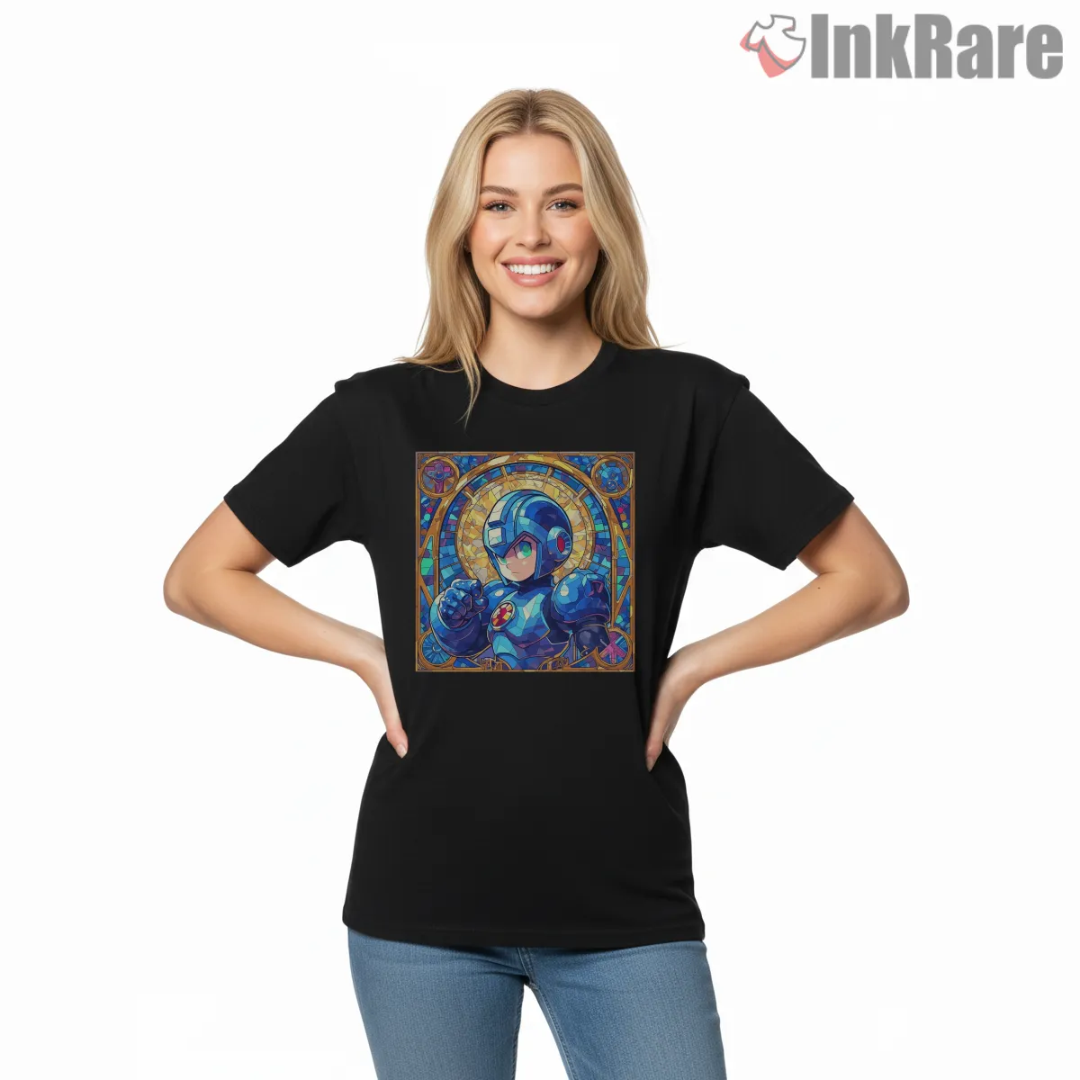 Mega Man Stained Glass Hero Art Short Sleeve Black Mega Man Stained Glass Hero Art Shirt on black short sleeve shirt for women graphic tee