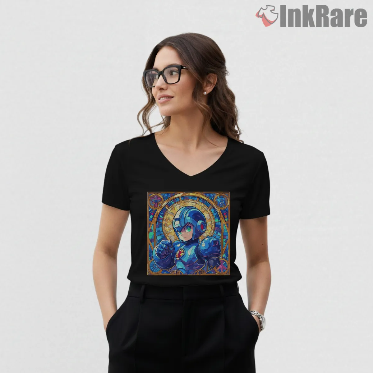 Mega Man Stained Glass Hero Art V Neck Black Mega Man Stained Glass Hero Art Shirt on black v-neck shirt for women graphic tee
