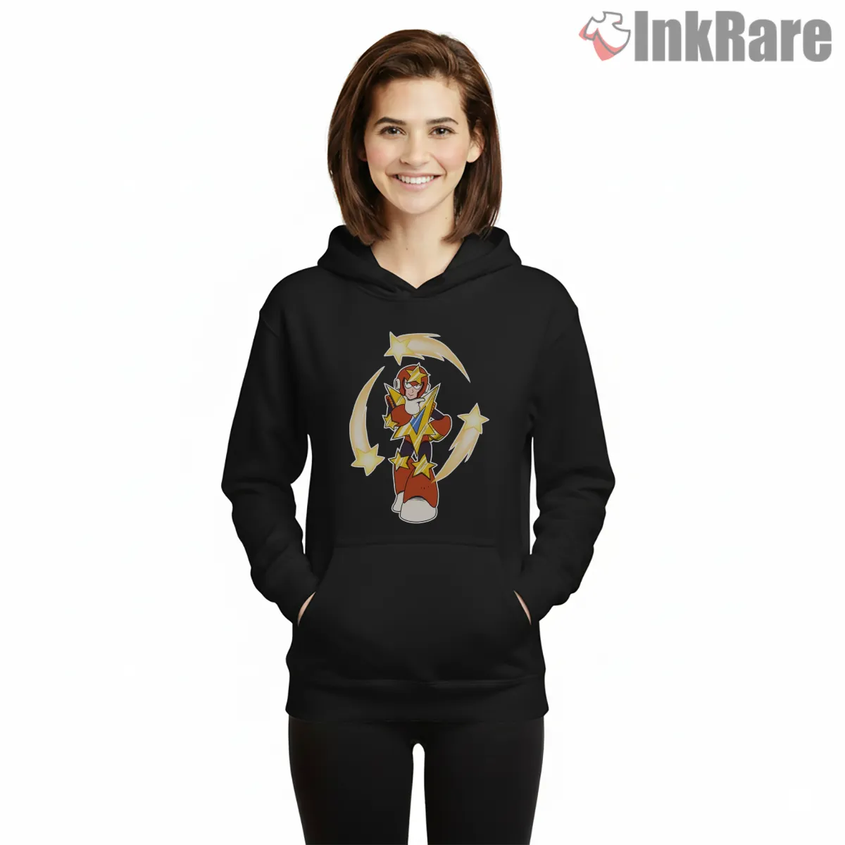 Mega Man Star Man Cosmic Orbit Hero Shirt on black hoodie for women graphic tee