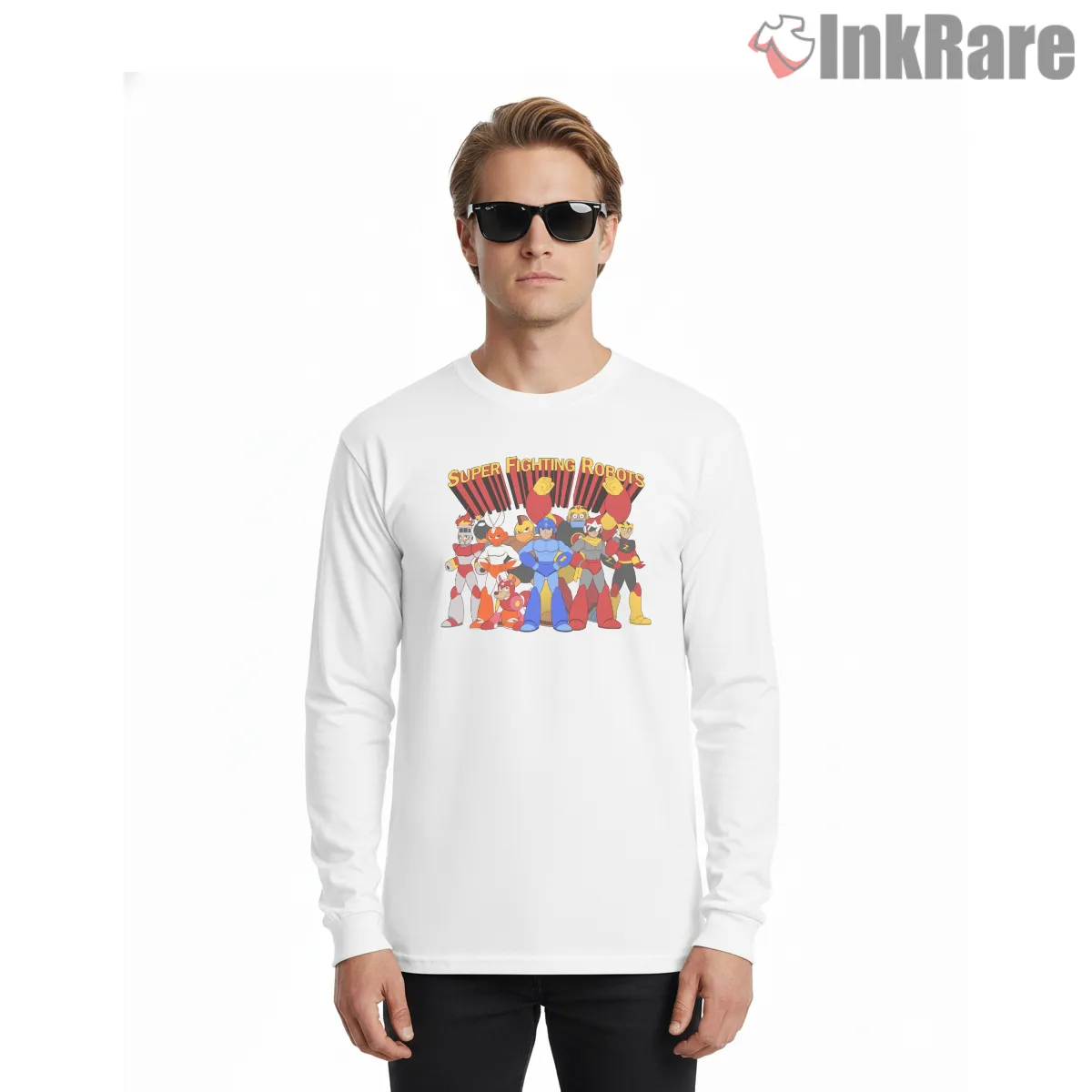 Mega Man Super Fighting Robots Team Retro Shirt on white long sleeve shirt for men graphic tee