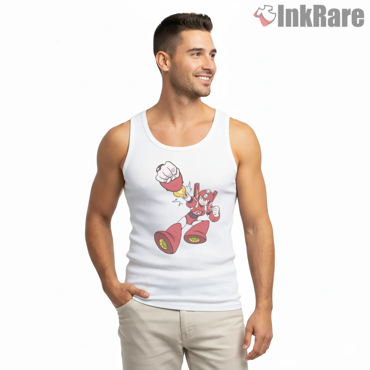 Mega Man Super Rockman Power Punch Action Shirt on white tank top for men graphic tee