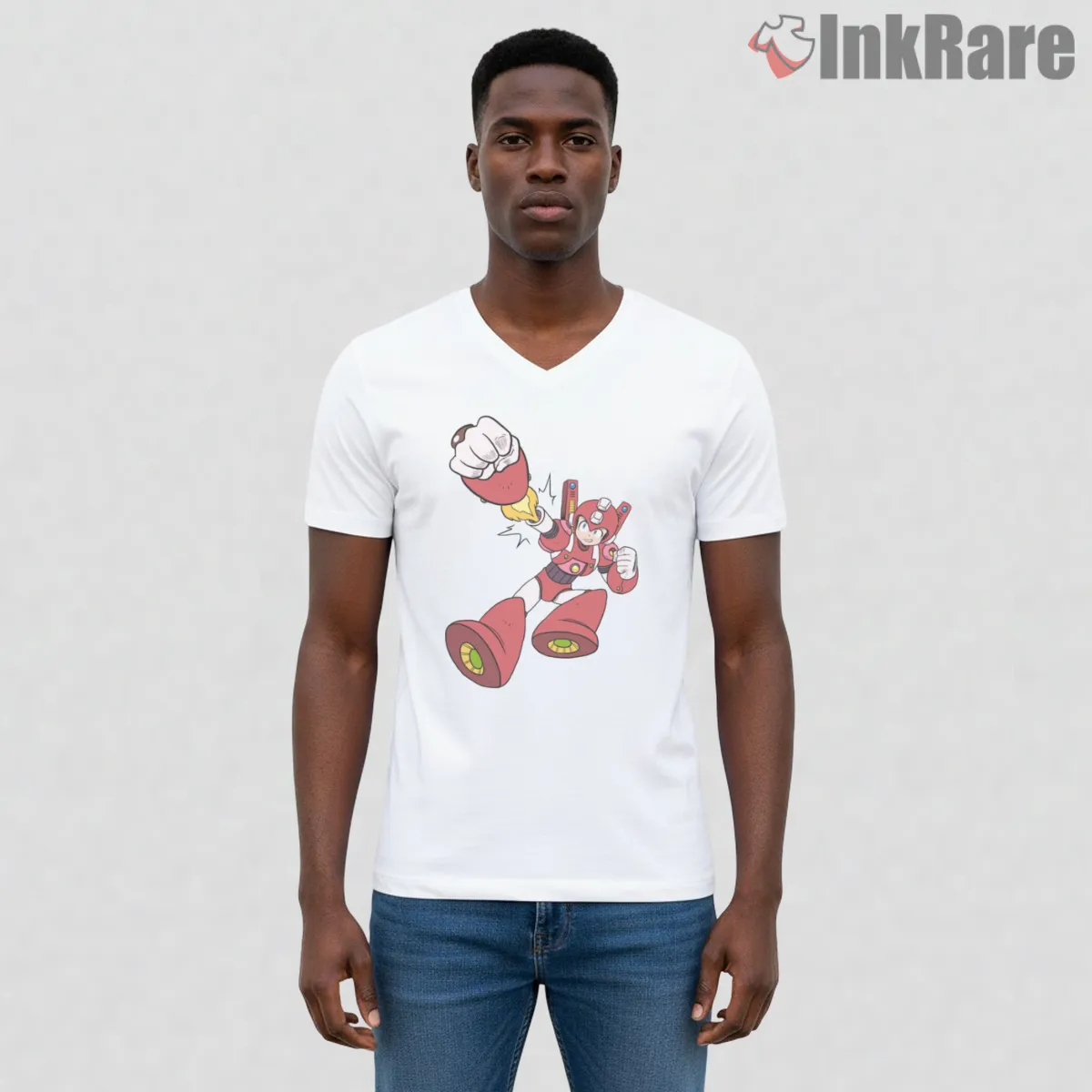 Mega Man Super Rockman Power Punch Action V Neck White Mega Man Super Rockman Power Punch Action Shirt on white v-neck shirt for men graphic tee