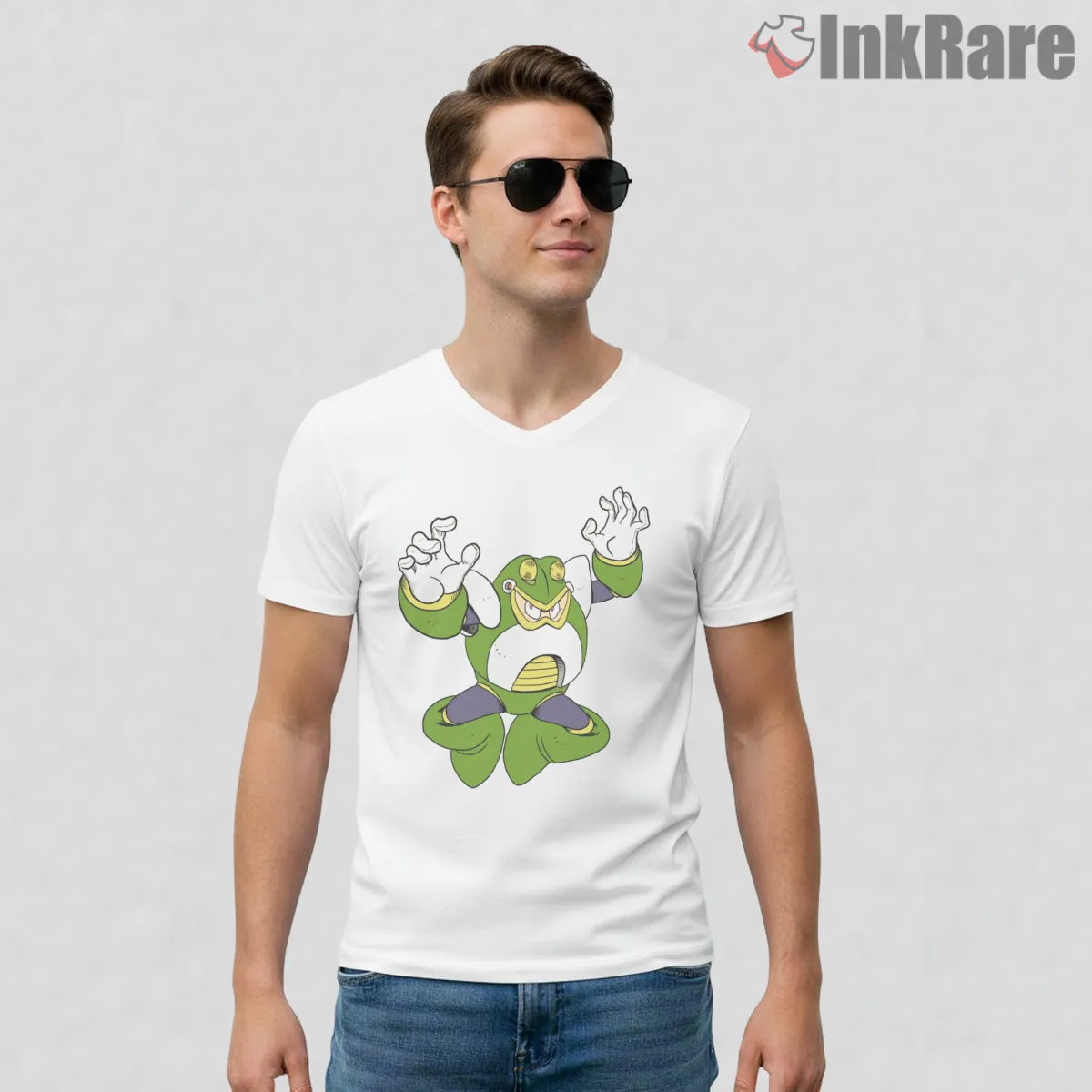 Mega Man Toad Man Rain Dance Classic V Neck White Mega Man Toad Man Rain Dance Classic Shirt on white v-neck shirt for men graphic tee