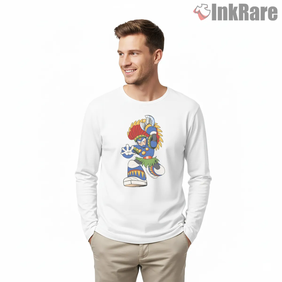 Mega Man Tomahawk Man Tribal Warrior Action Long Sleeve White Mega Man Tomahawk Man Tribal Warrior Action Shirt on white long sleeve shirt for men graphic tee
