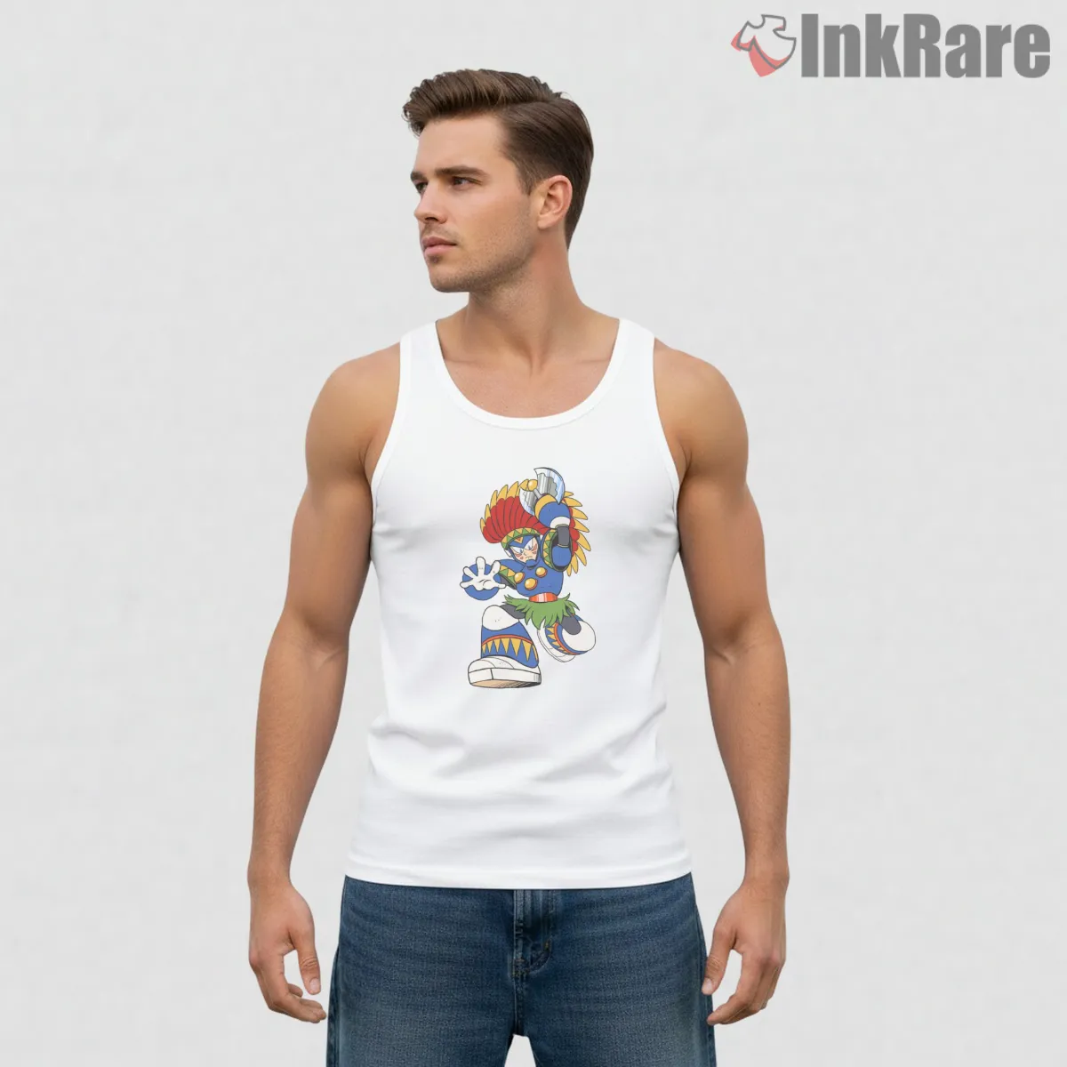 Mega Man Tomahawk Man Tribal Warrior Action Tank Top White Mega Man Tomahawk Man Tribal Warrior Action Shirt on white tank top for men graphic tee