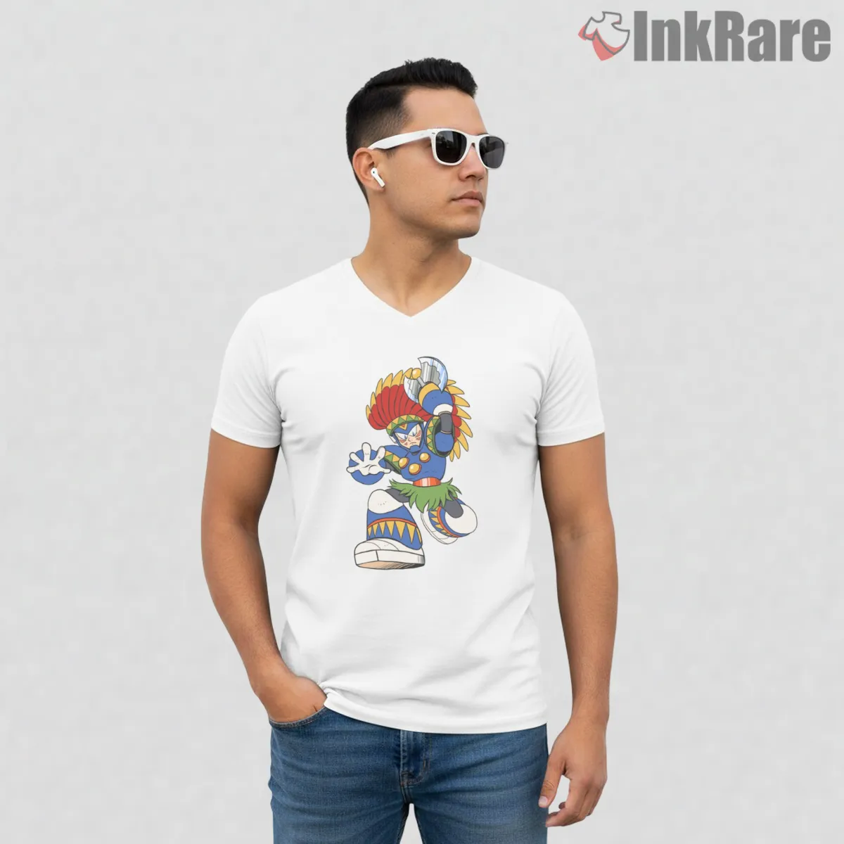 Mega Man Tomahawk Man Tribal Warrior Action V Neck White Mega Man Tomahawk Man Tribal Warrior Action Shirt on white v-neck shirt for men graphic tee