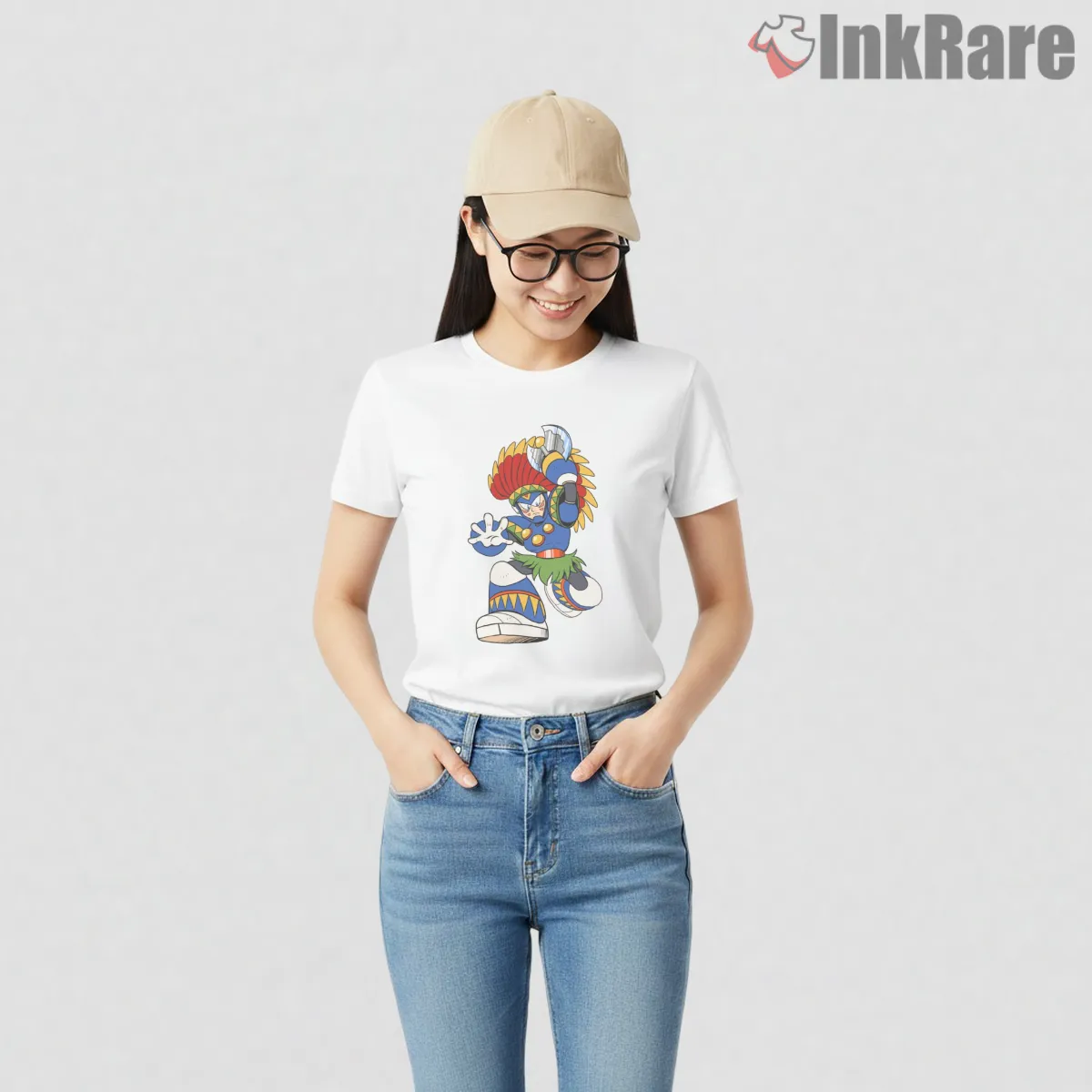 Mega Man Tomahawk Man Tribal Warrior Action Short Sleeve White Mega Man Tomahawk Man Tribal Warrior Action Shirt on white short sleeve shirt for women graphic tee