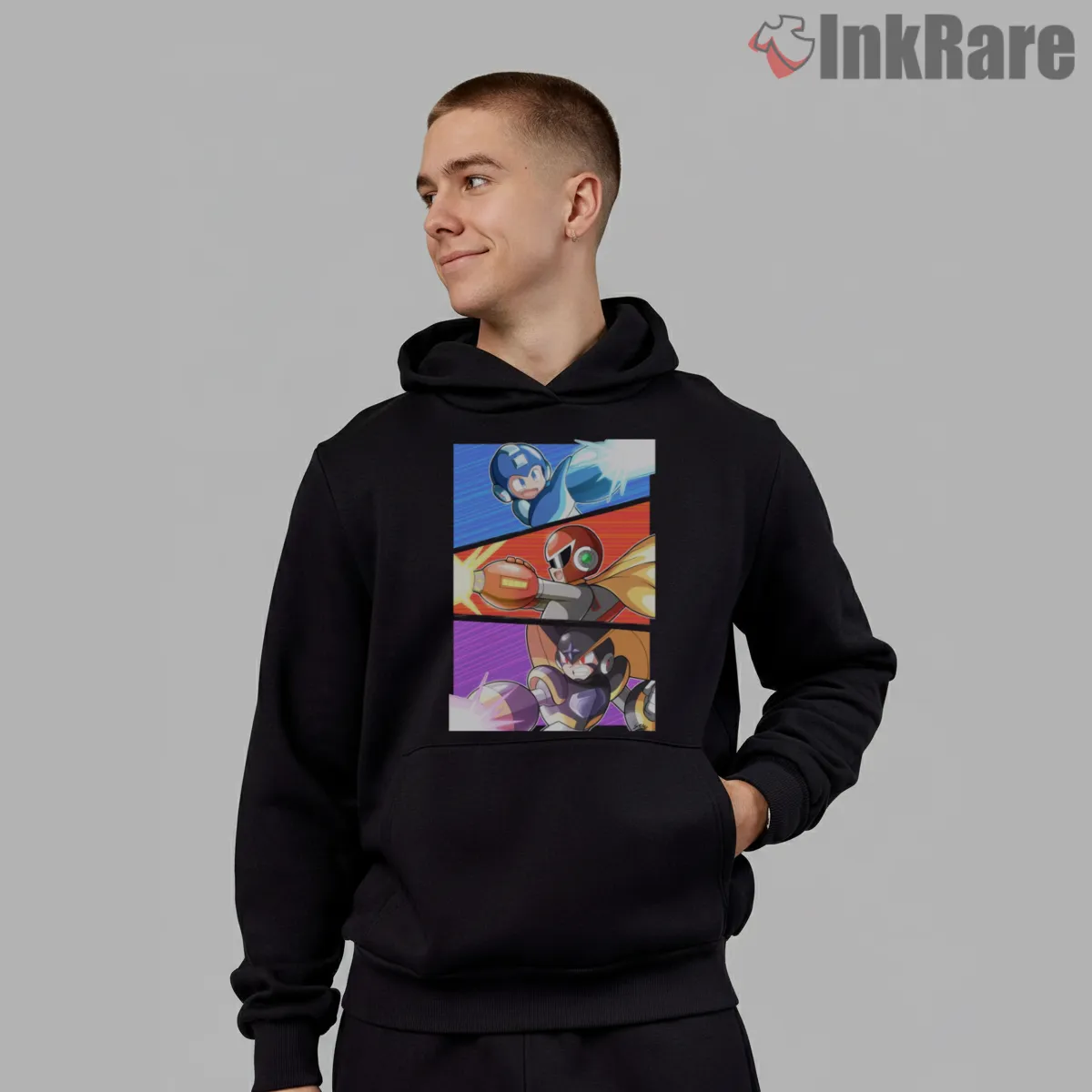 Mega Man Triple Battle Panel Action Shot Shirt on black hoodie for men graphic tee