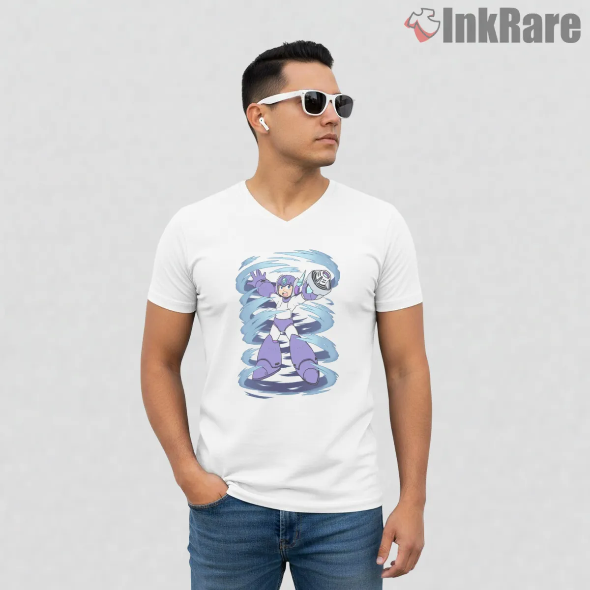 Mega Man Tundra Storm Ice Blizzard Action Shirt on white v-neck shirt for men graphic tee