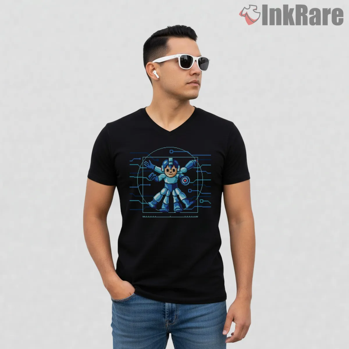 Mega Man Vitruvian Diagram Leonardo Art V Neck Black Mega Man Vitruvian Diagram Leonardo Art Shirt on black v-neck shirt for men graphic tee