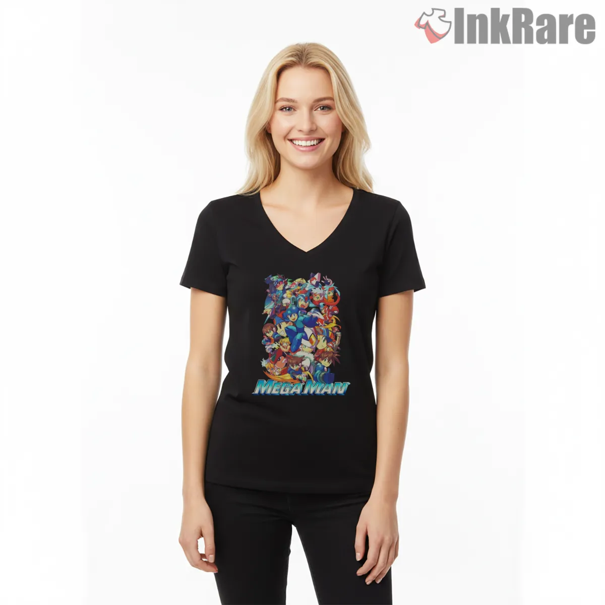 Mega Man X Character Collage Anime Style V Neck Black Mega Man X Character Collage Anime Style Shirt on black v-neck shirt for women graphic tee