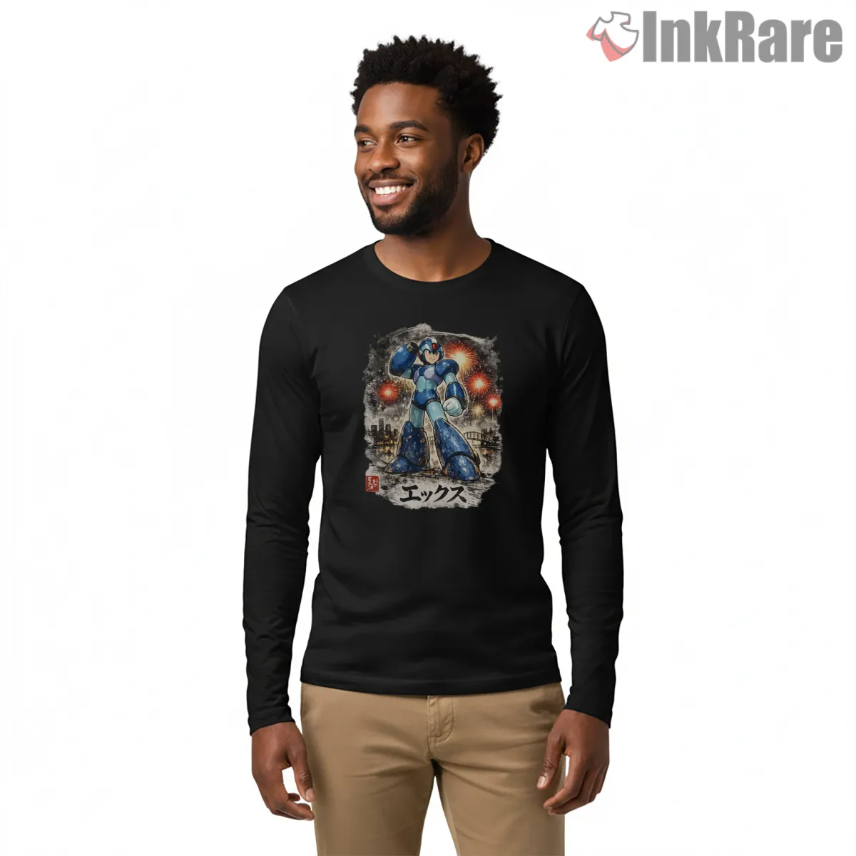 Mega Man X Ink Wash Samurai Art Shirt on black long sleeve shirt for men graphic tee