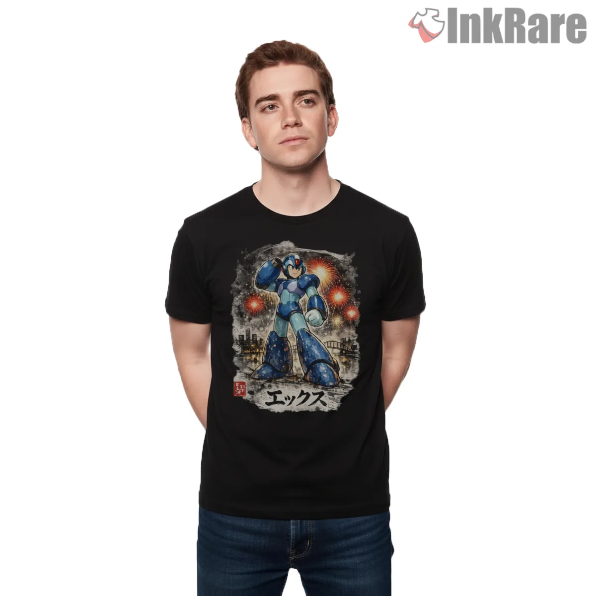 Mega Man X Ink Wash Samurai Art Short Sleeve Black Mega Man X Ink Wash Samurai Art Shirt on black short sleeve shirt for men graphic tee
