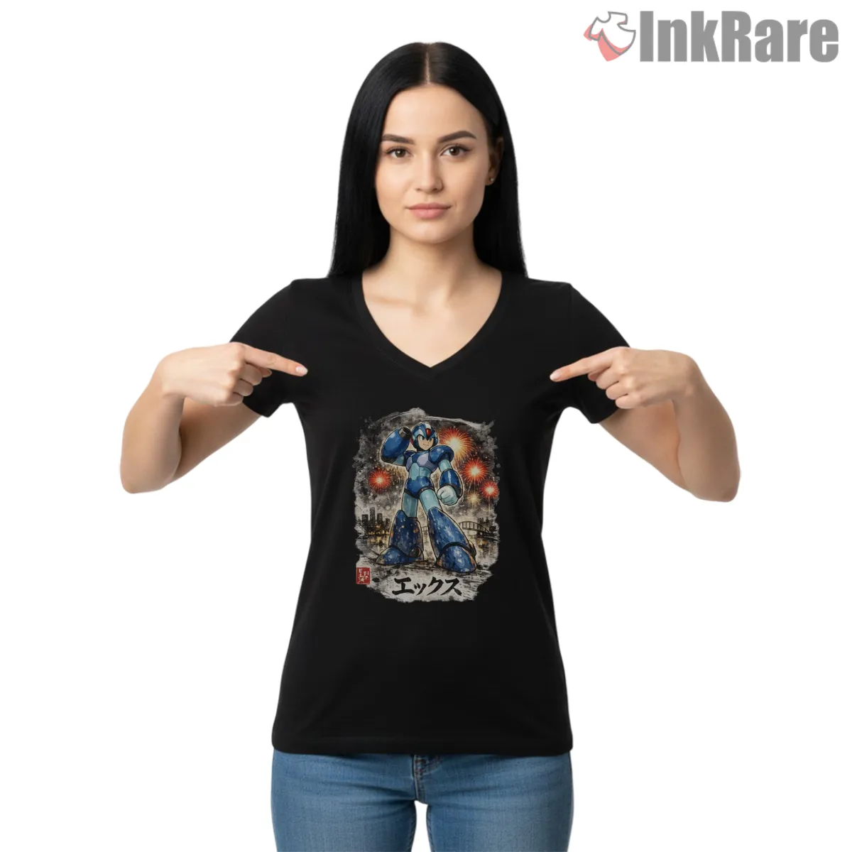 Mega Man X Ink Wash Samurai Art V Neck Black Mega Man X Ink Wash Samurai Art Shirt on black v-neck shirt for women graphic tee