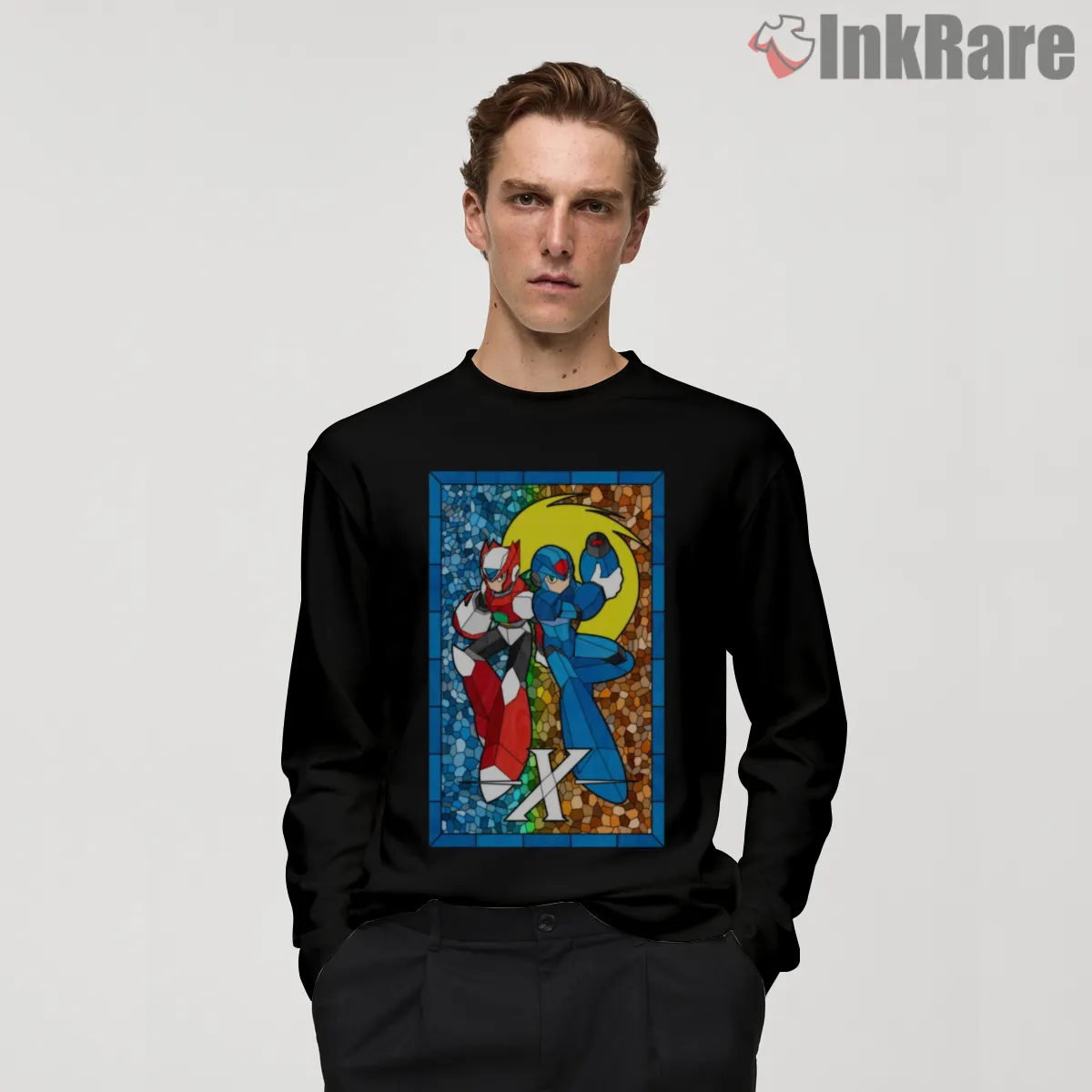 Mega Man X Maverick Hunters Stained Glass Duo Shirt on black long sleeve shirt for men graphic tee