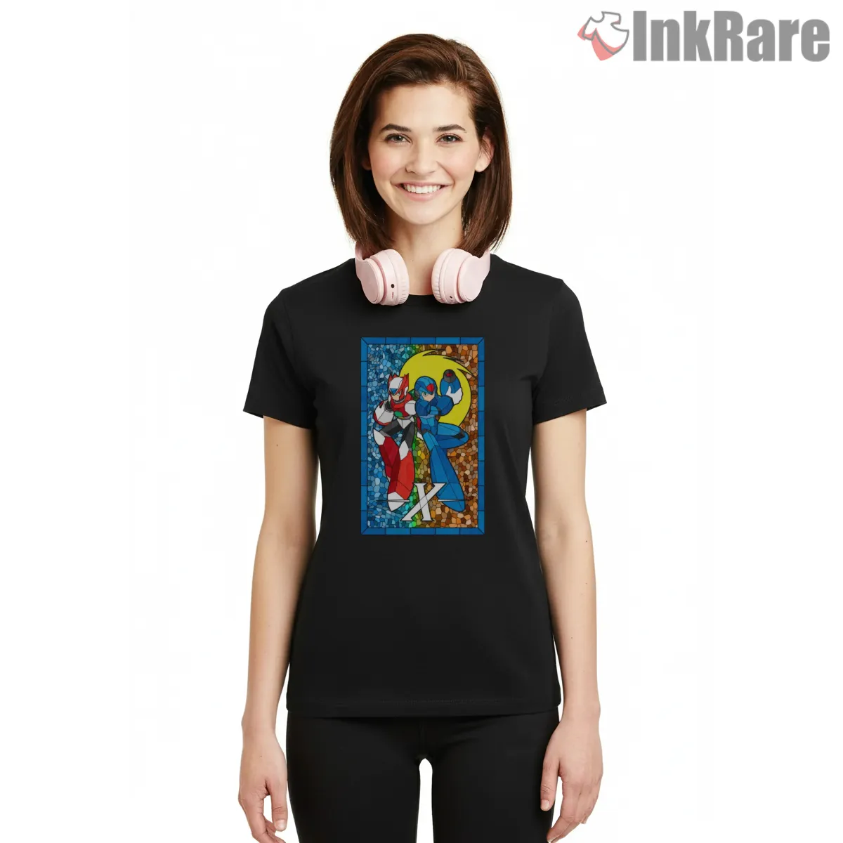 Mega Man X Maverick Hunters Stained Glass Duo Short Sleeve Black Mega Man X Maverick Hunters Stained Glass Duo Shirt on black short sleeve shirt for women graphic tee