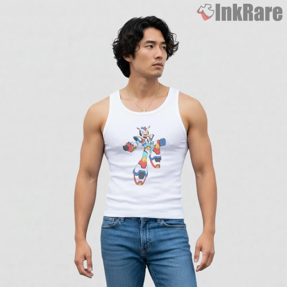 Mega Man X Max Armor Ultimate Power Upgrade Shirt on white tank top for men graphic tee