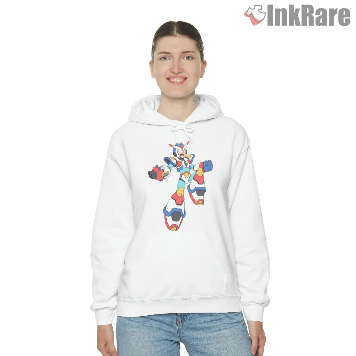 Mega Man X Max Armor Ultimate Power Upgrade Shirt on white hoodie for women graphic tee